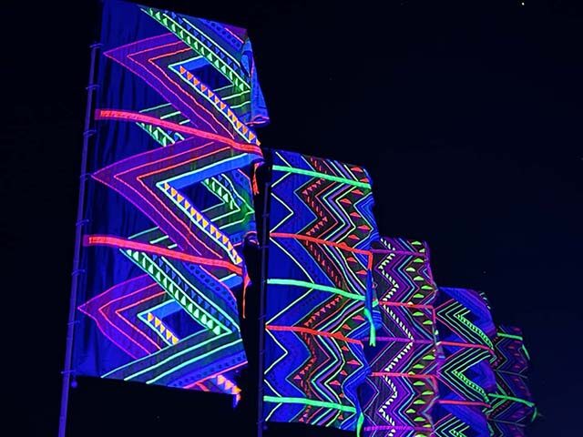 mexican neon flags glowing at night